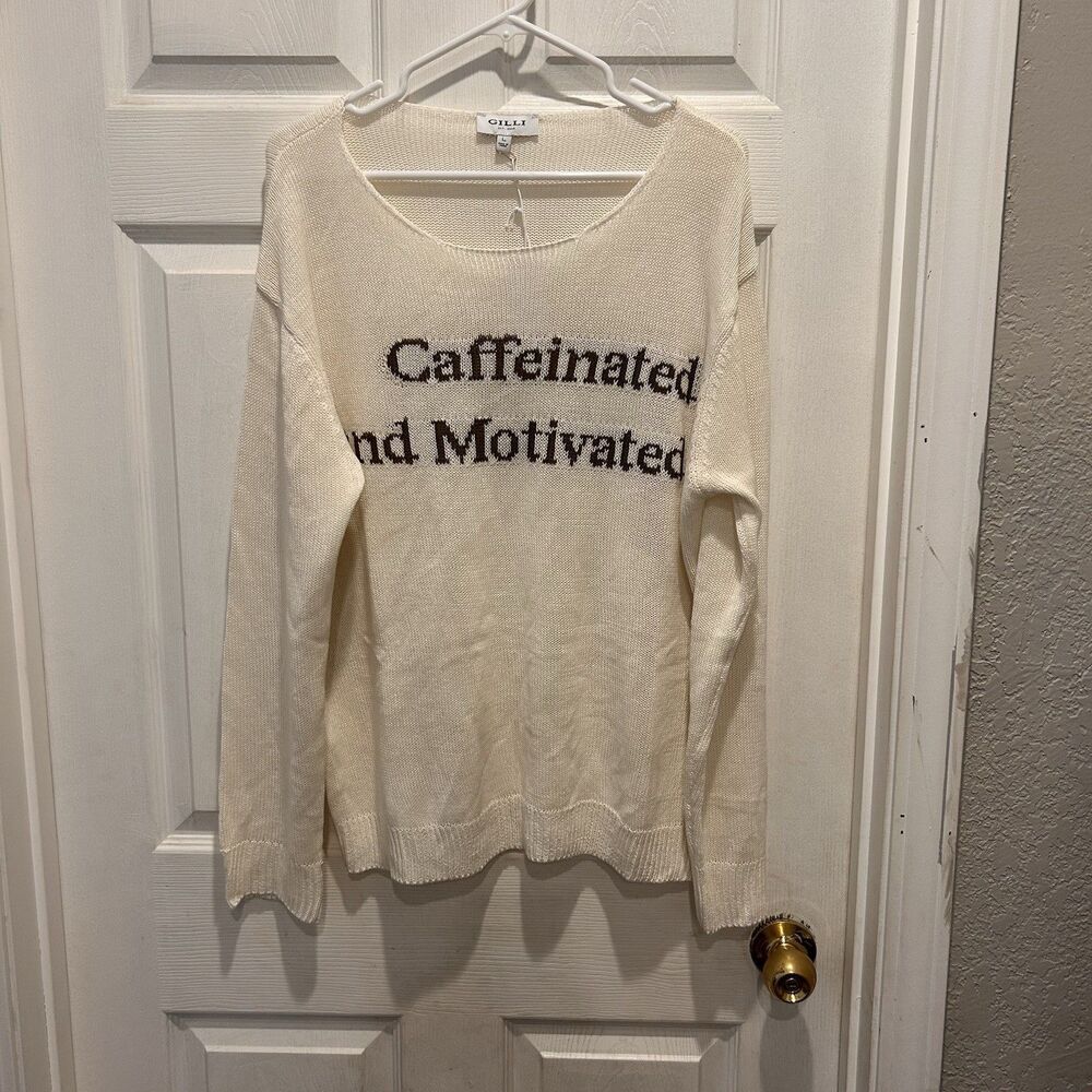 Gilli Embroidered Caffeinated Crewneck Sweater‎ Womens Large NWT Oversized
